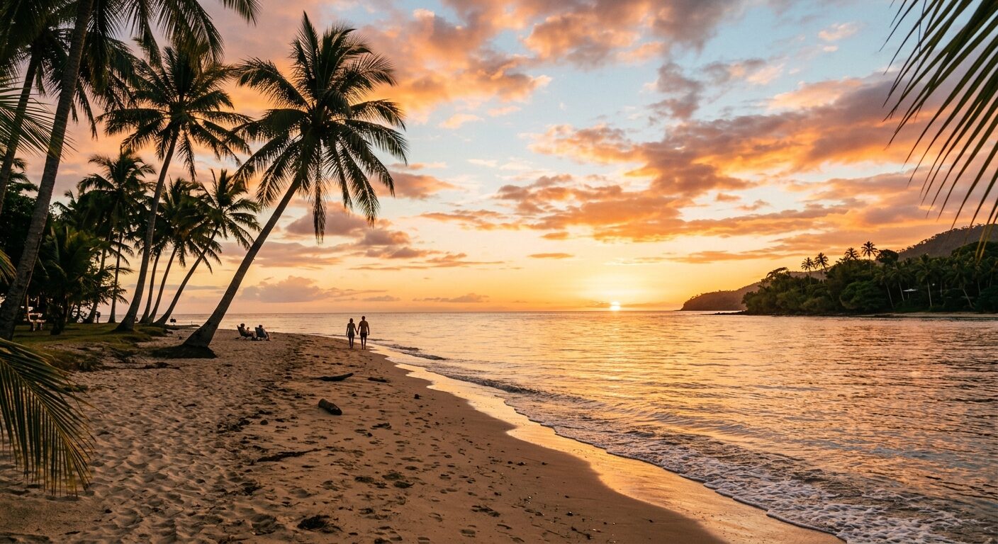 Tropical Queensland beachfront at sunset