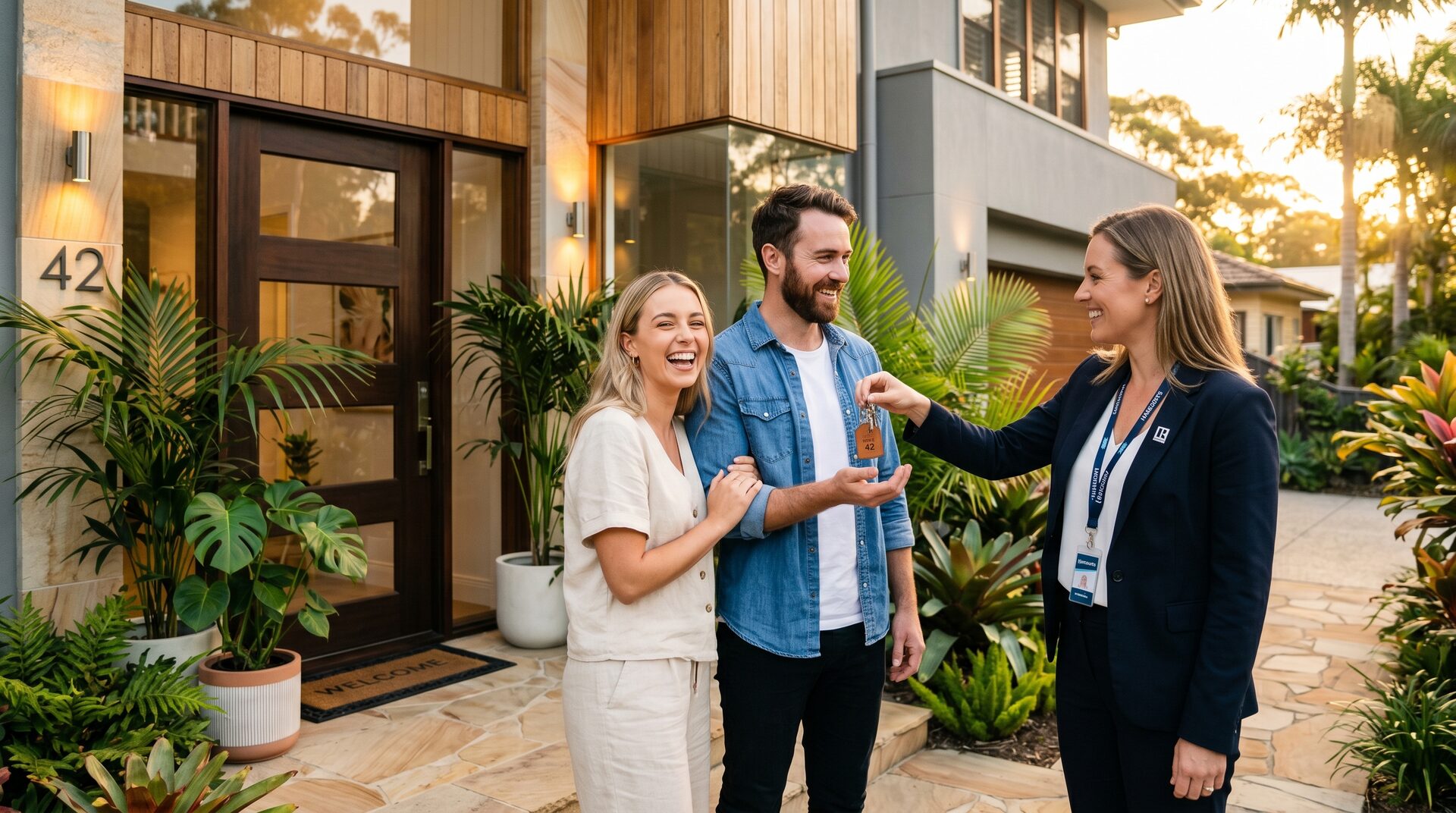 Happy couple receiving keys to their new property